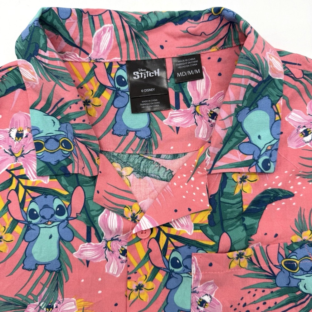 Disney Stitch Button Down Shirt Mens Medium Pink Lilo & Stitch Tropical Rayon